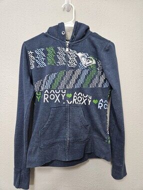 Roxy Medium Blue Green Full Zip Hooded Y2k Vintage Inspired Sweatshirt